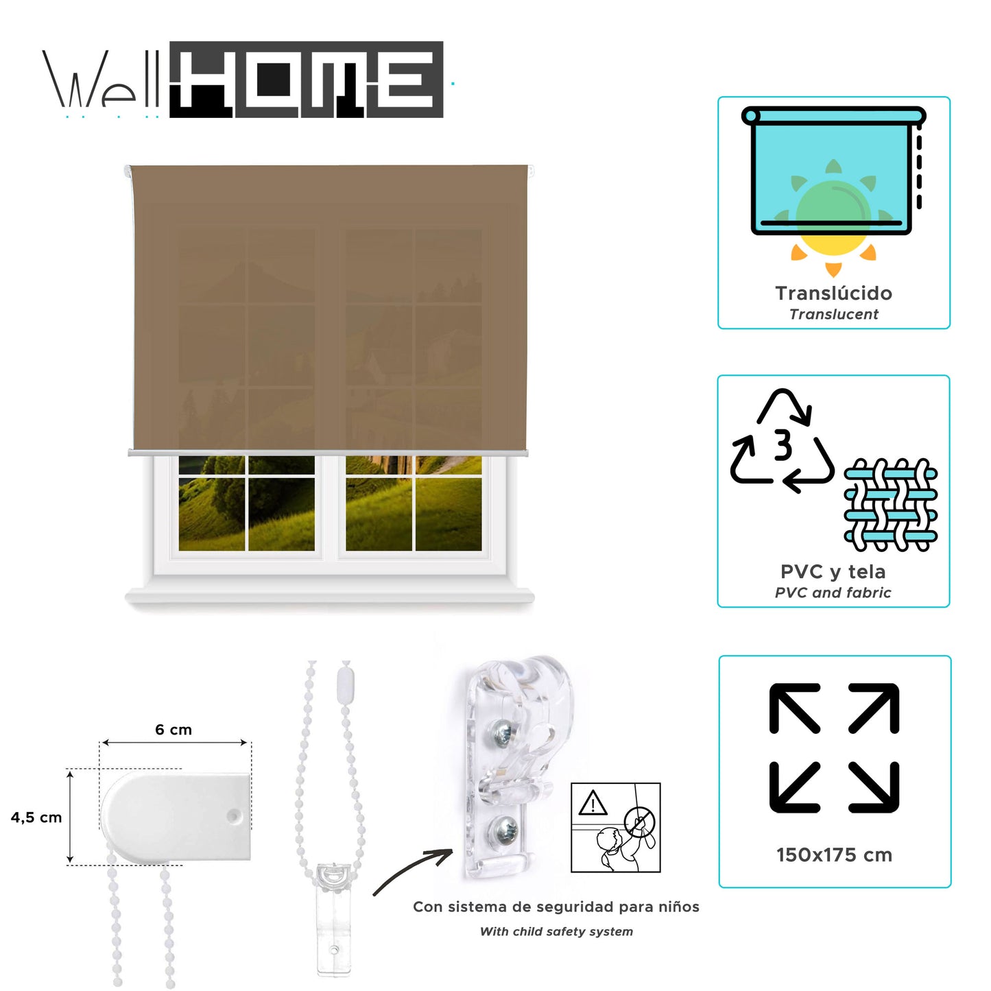 Estor Marrón 150x175cm Translúcido Enrollable Wellhome_1