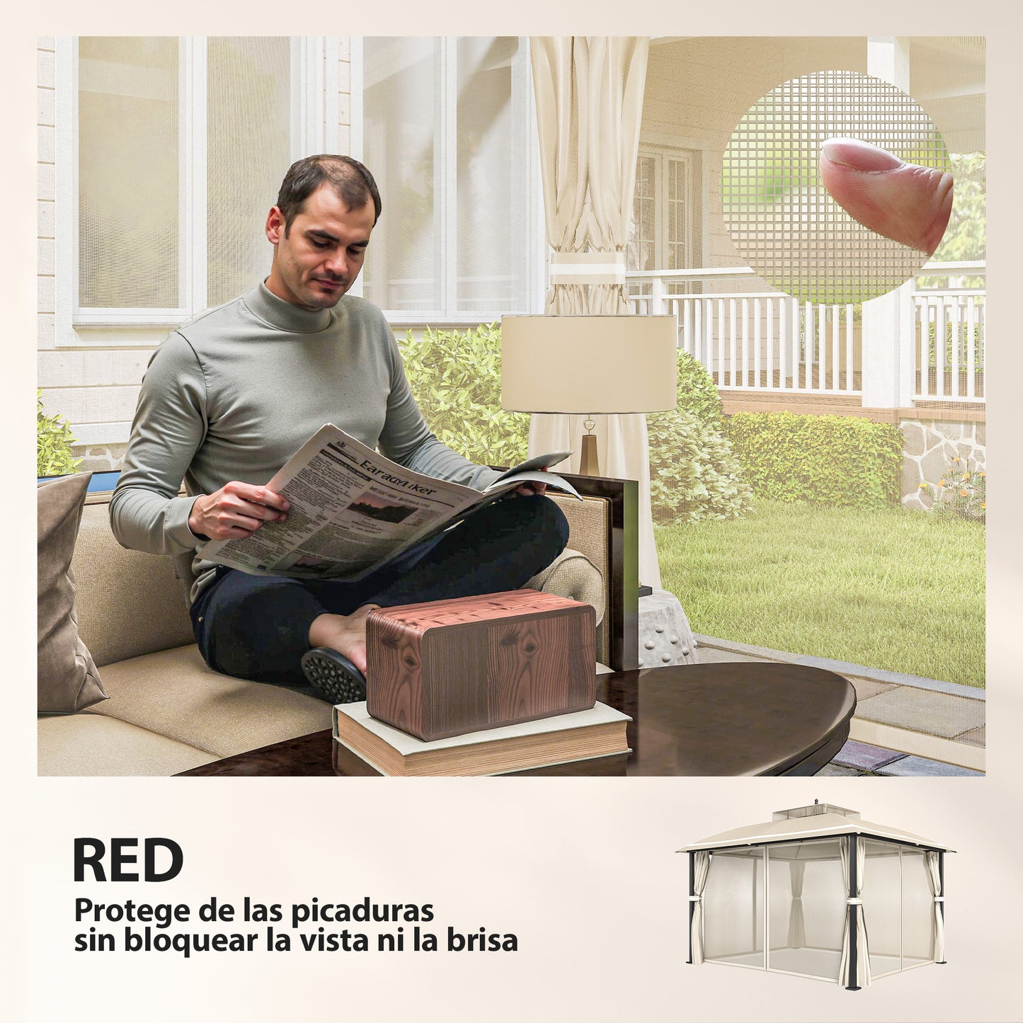 Outsunny Cenador Para Jardín 3x3,7 M Con Paredes Laterales Mosquiteras Beige_5