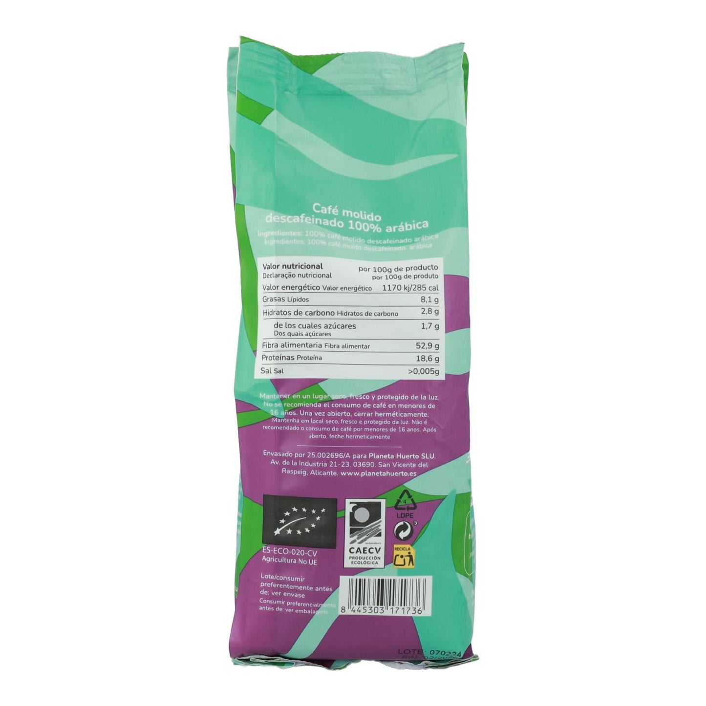 Café descafeinado molido Eco 100% Arábica Planeta Huerto 250 g