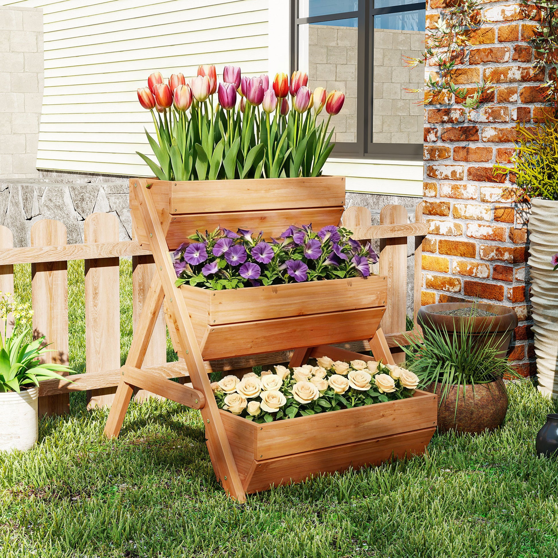 Outsunny Jardinera De Madera De 3 Niveles Con Orificios De Drenaje Marrón_3