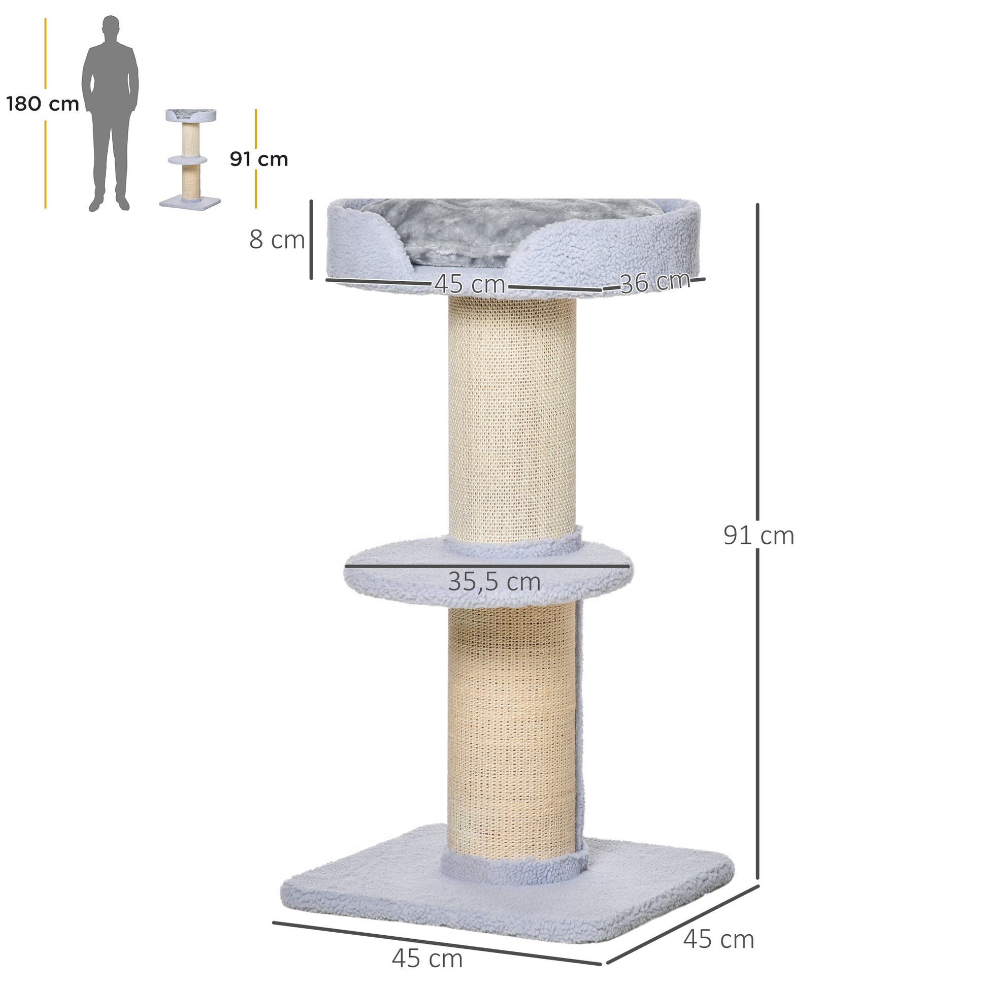 Pawhut Árbol Rascador Para Gatos Altura 91 Cm De 3 Niveles 45x45x91cm Azul Claro_2