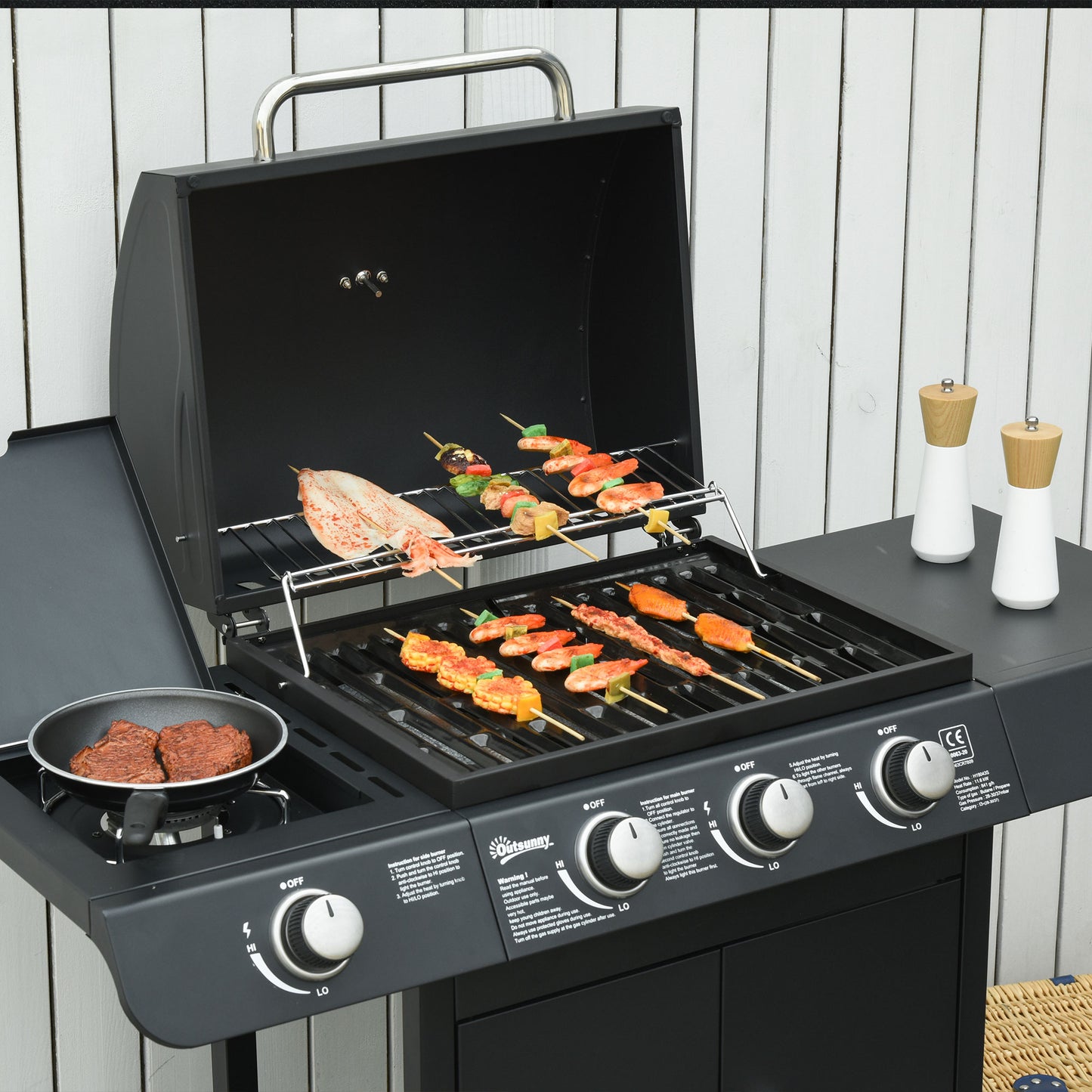 Outsunny Barbacoa De Gas Bbq Con Ruedas Parrilla 3+1 Quemadores 11,6 Kw 2 Mesas_3