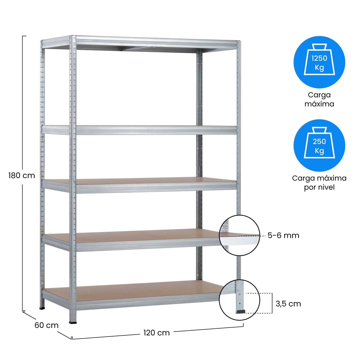Estantería Modular Galvanizada Con 5 Baldas Ajustables 180x120x60cm 1250kg 7house_5