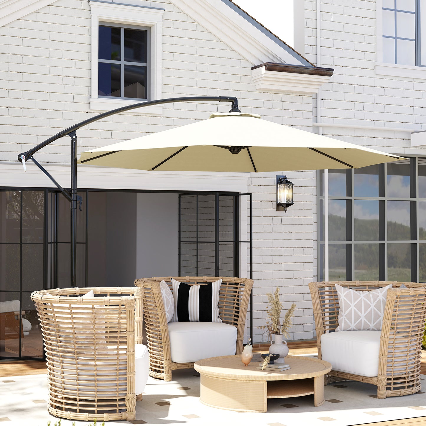 Outsunny Sombrilla De Jardín Ø300x250cm Inclinable Manivela Base Cruzada Beige_1