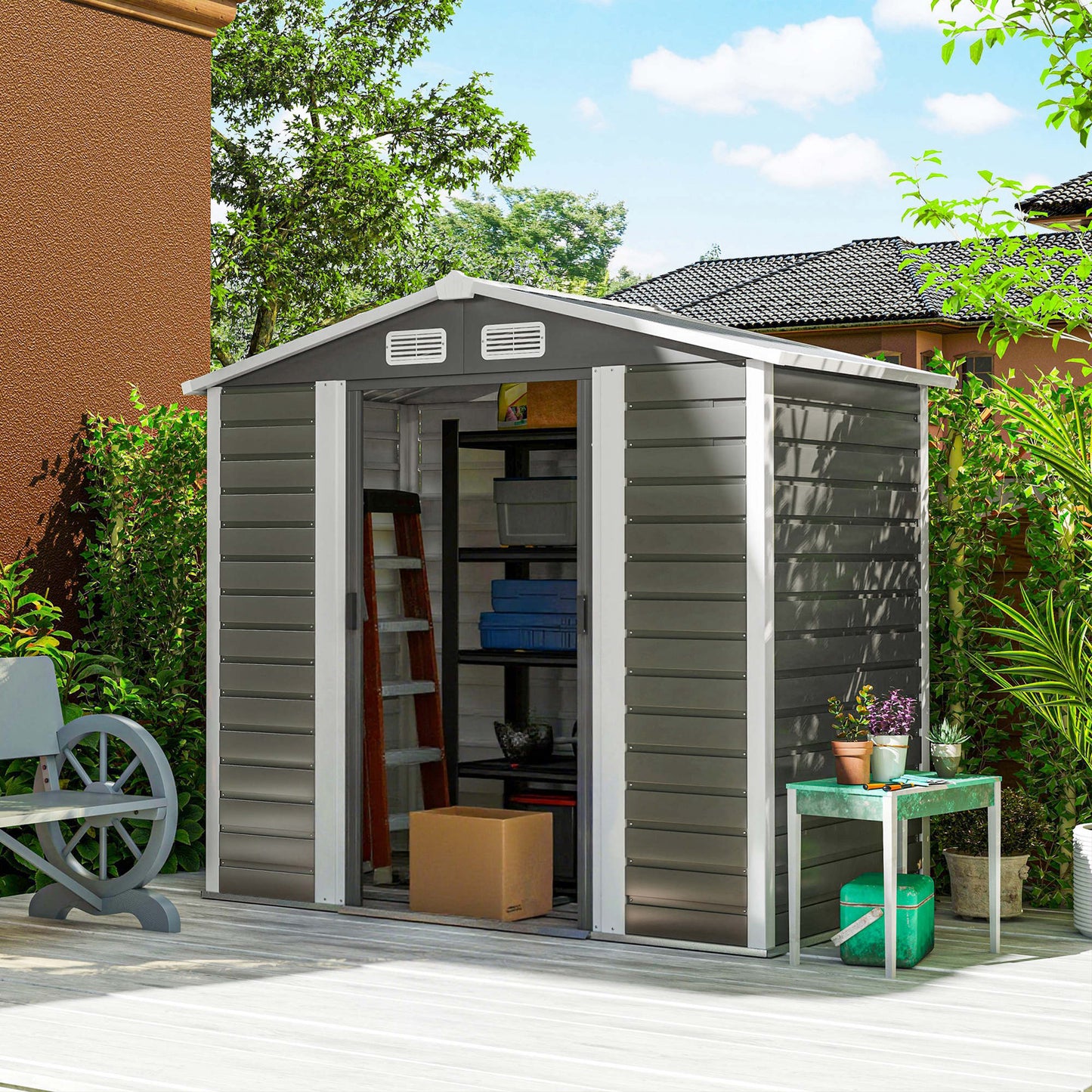 Outsunny Caseta De Jardín Exterior 2,36m² 213x120x194 Cm Gris Oscuro_1