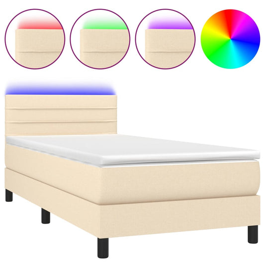 Cama Box Spring Colchón Y Luces Led Tela Crema 90x200 Cm / Vetonek_0