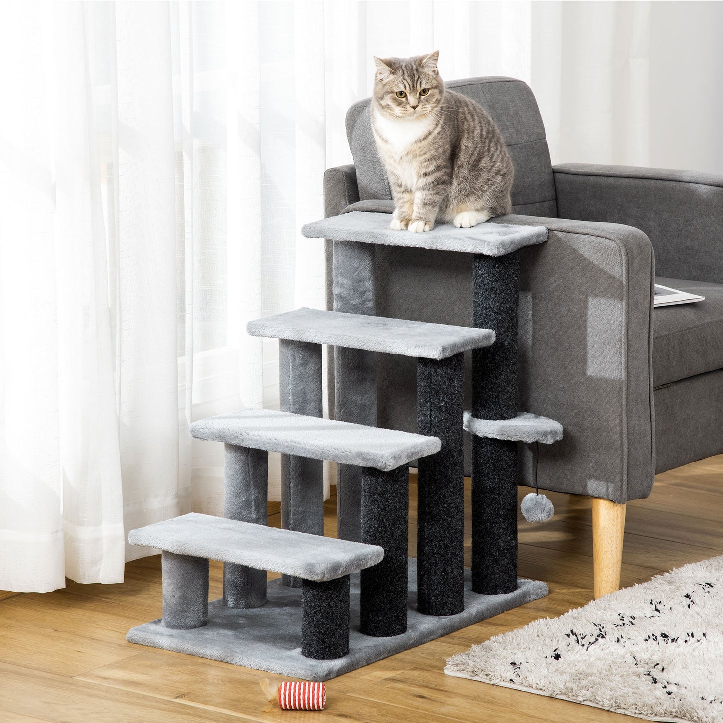 Pawhut Escalera Para Gatos De 4 Niveles Con Bola Colgante 60x40x64 Cm Gris_1