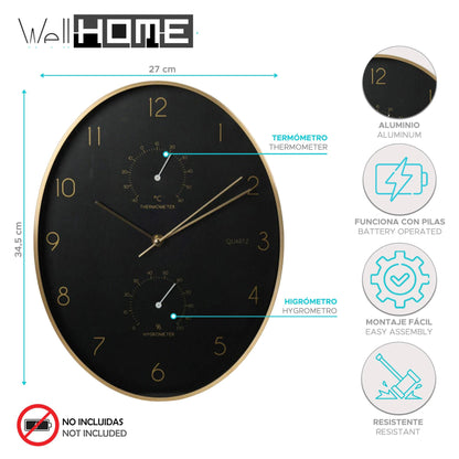 Well Home Reloj De Pared Moderno Con Termómetro E Higrómetro De Borde Dorado 34,5x27,1cm_1