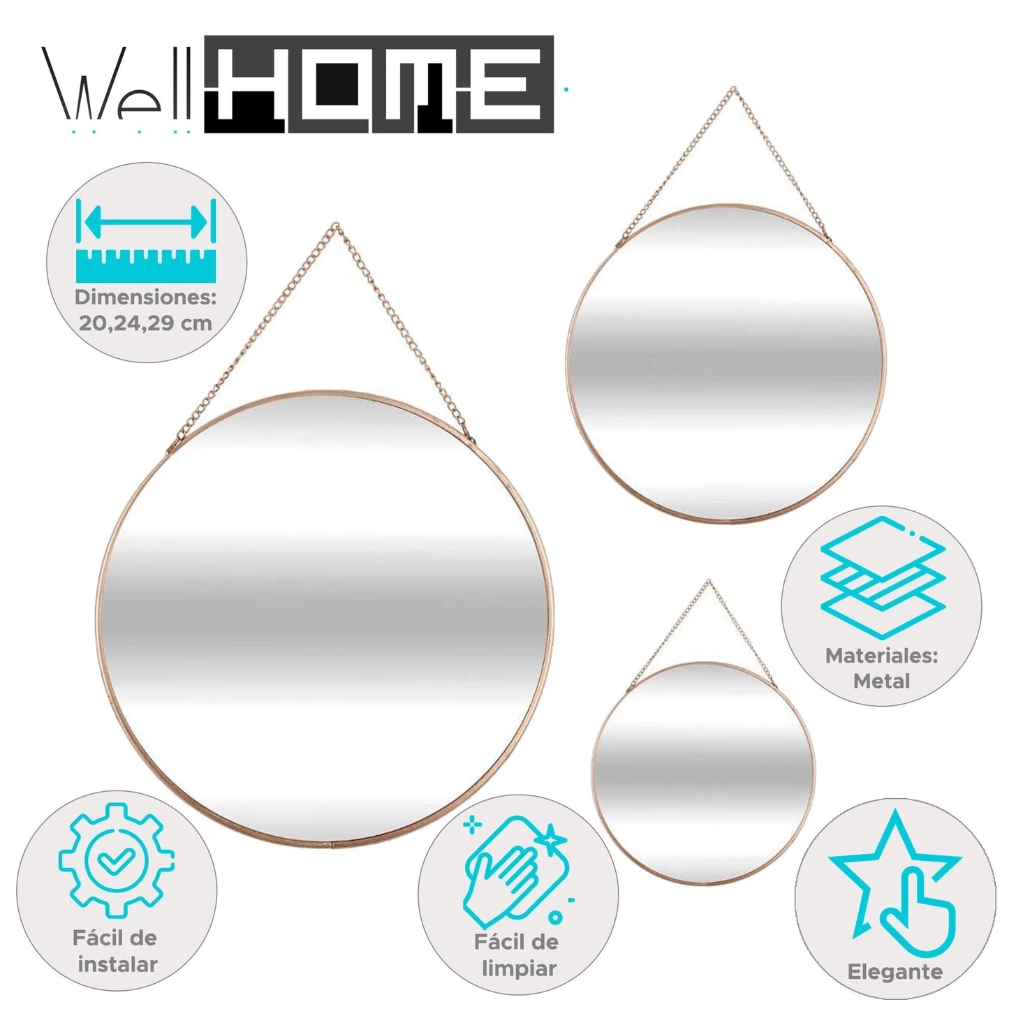Well Home Set De 3 Espejos Redondos En Color Oro Con Cadena - Ø20cm Ø24cm Ø29cm_1