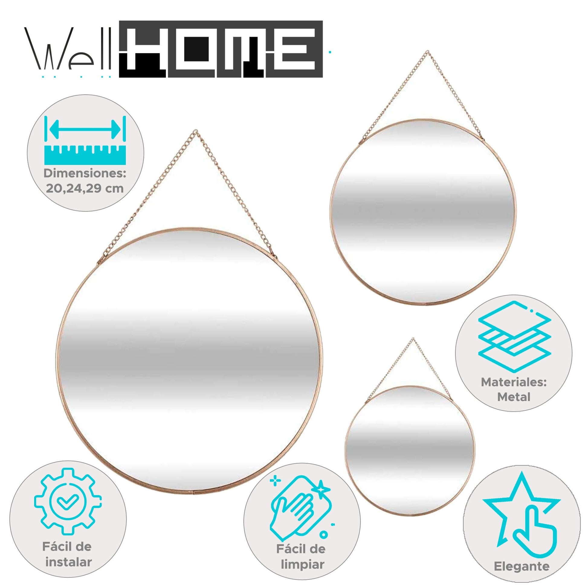 Well Home Set De 3 Espejos Redondos En Color Oro Con Cadena - Ø20cm Ø24cm Ø29cm_1