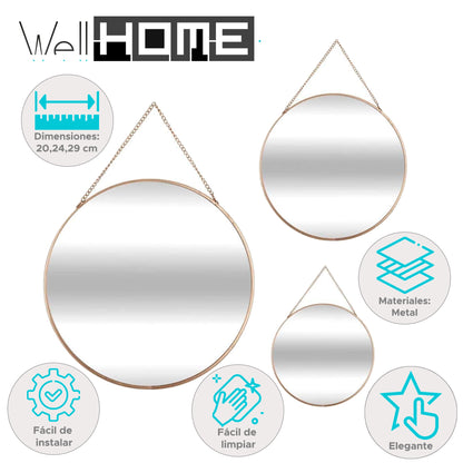 Well Home Set De 3 Espejos Redondos En Color Oro Con Cadena - Ø20cm Ø24cm Ø29cm_1