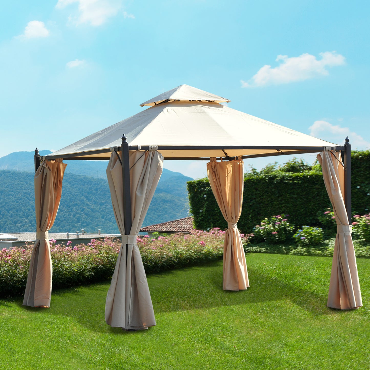 Outsunny Cenador De Jardín 3x3m Con Doble Techo 4 Cortinas Laterales Fiesta_1