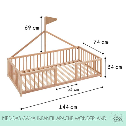 Cama Infantil Tipi Apache 140x70cm Para Niños A Partir De Los 2 Años. Cama Montessori De Madera De Haya Y Color Natural_3