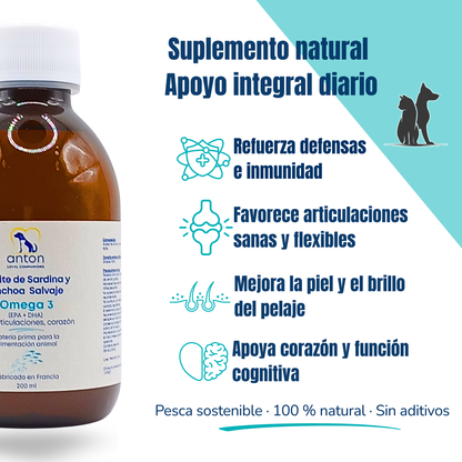 Aceite de sardina y anchoa salvaje con Omega-3 EPA/DHA para perros y gatos – 200 ml