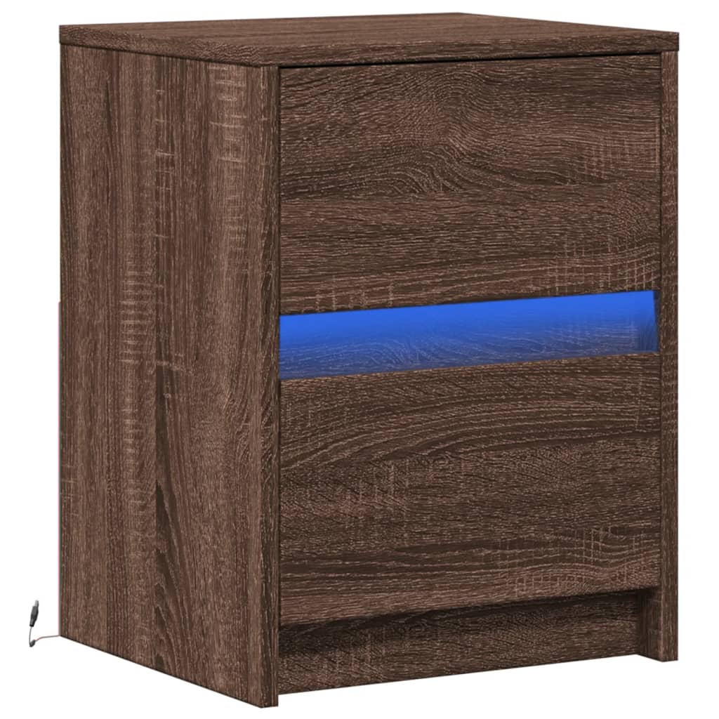 Mesita De Noche Con Luces Led Madera De Ingeniería Roble Marrón_1