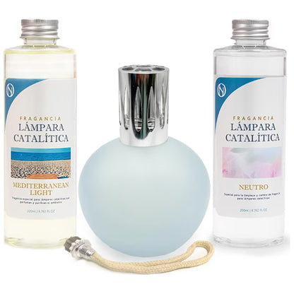 Pack Lámpara Catalítica Azul Grisáceo Mate + Fragancia Mediterranean Light 200ml + Limpiador 200ml + Mecha Repuesto_0