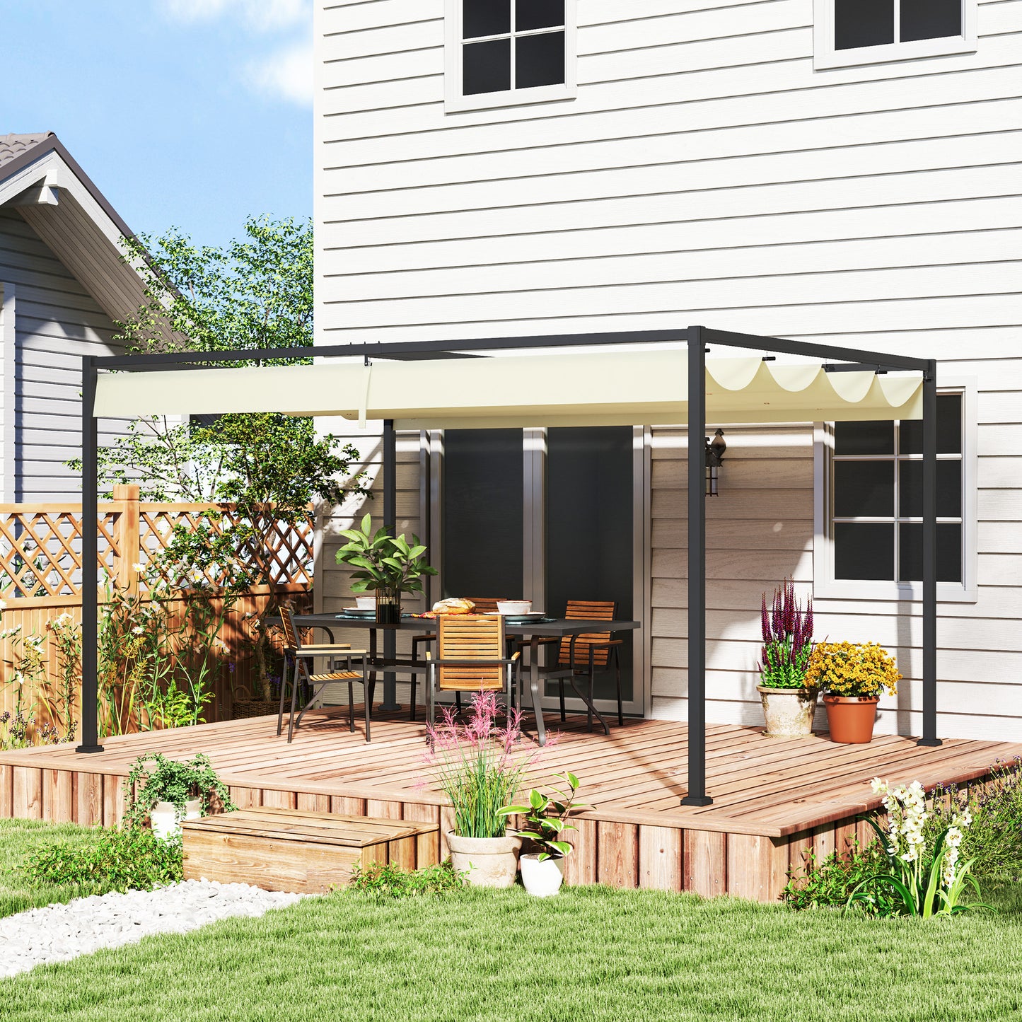 Outsunny Pérgola Con Techo Retráctil 4x3 M Resistente Al Agua Crema_1