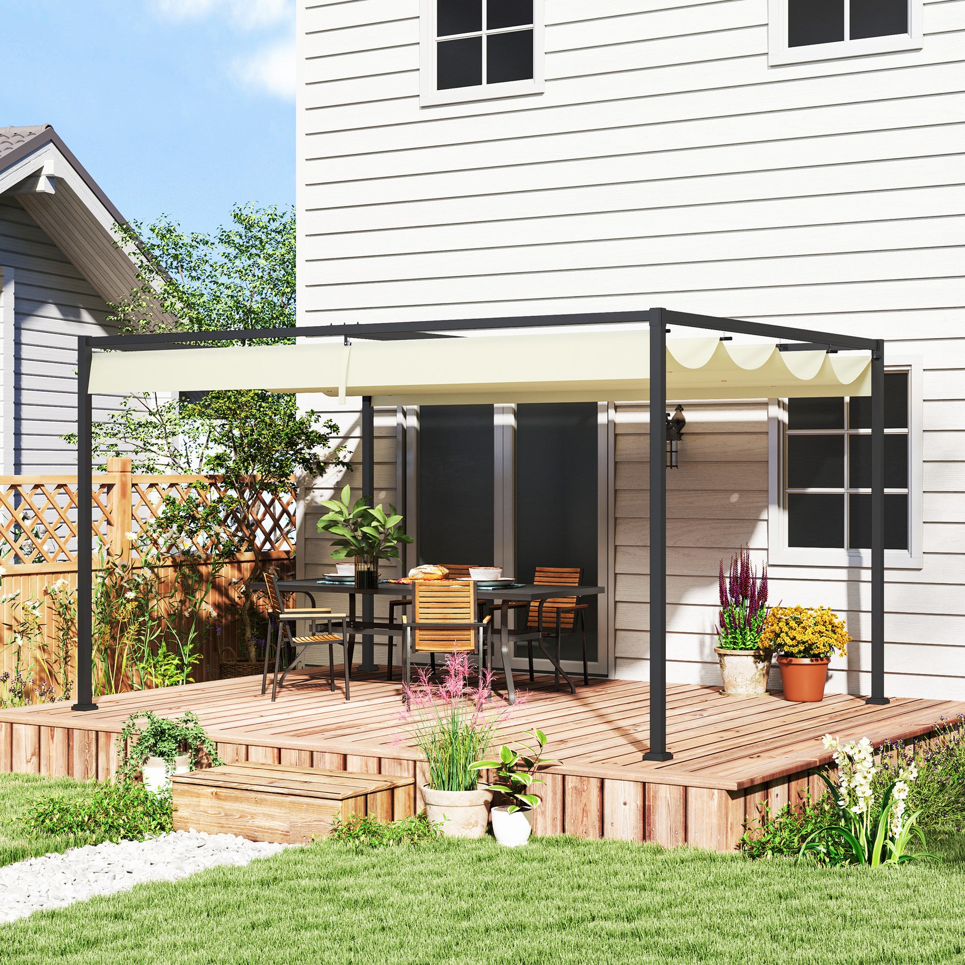 Outsunny Pérgola Con Techo Retráctil 4x3 M Resistente Al Agua Crema_1