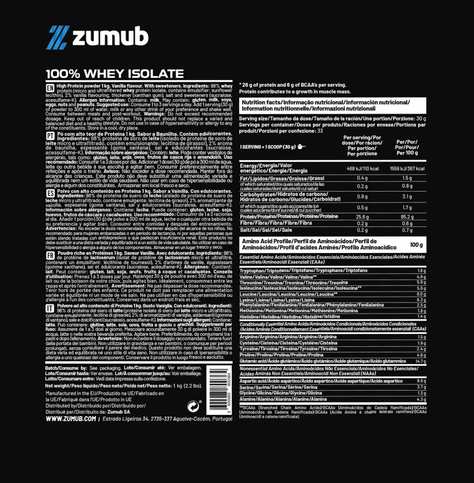 Zumub 100% Whey Isolate 1 Kg  - Vainilla