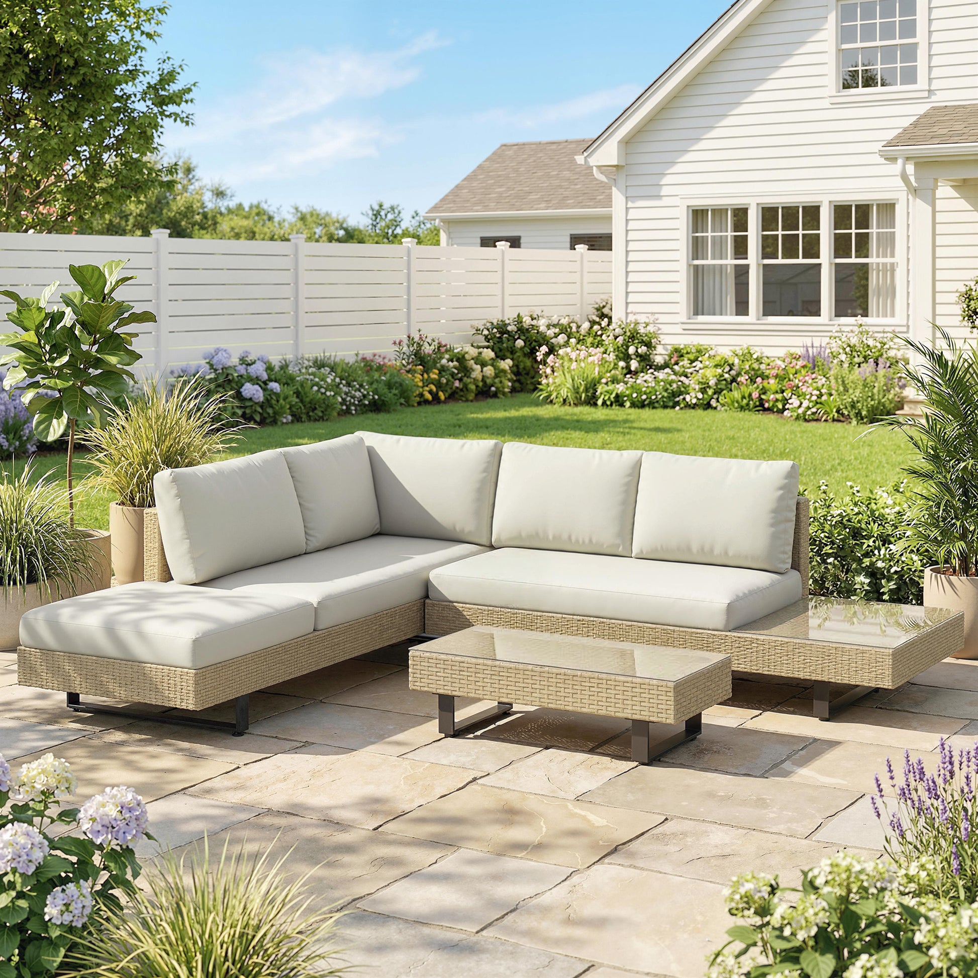 Outsunny Conjunto Muebles Jardín Exterior De Ratán De 3 Piezas Cojines Beige_1