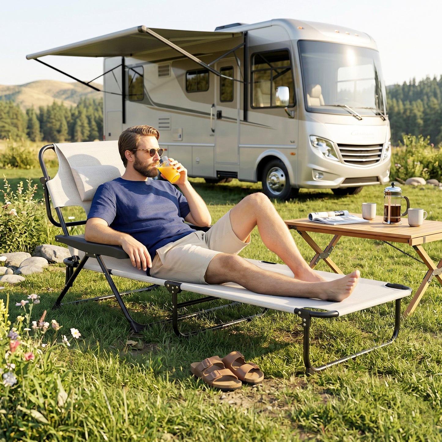 Outsunny Tumbona Plegable Con Orificio De Lectura 145x72x89 Cm Crema_3