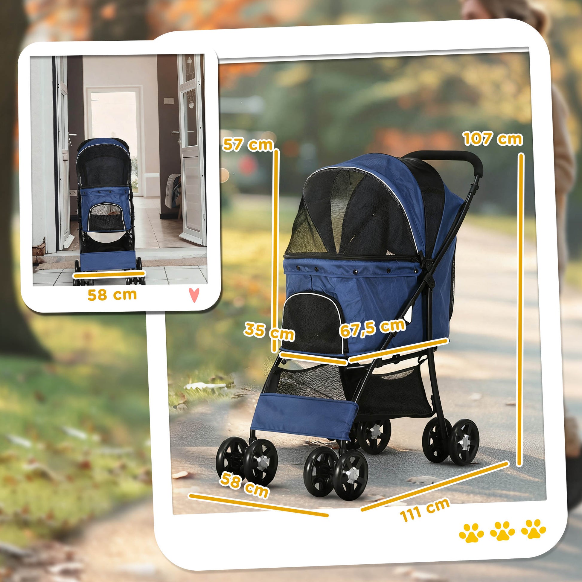 Pawhut Carrito Para Perros Plegable Con Cesta Capota Ajustable Y Ruedas Azul_2