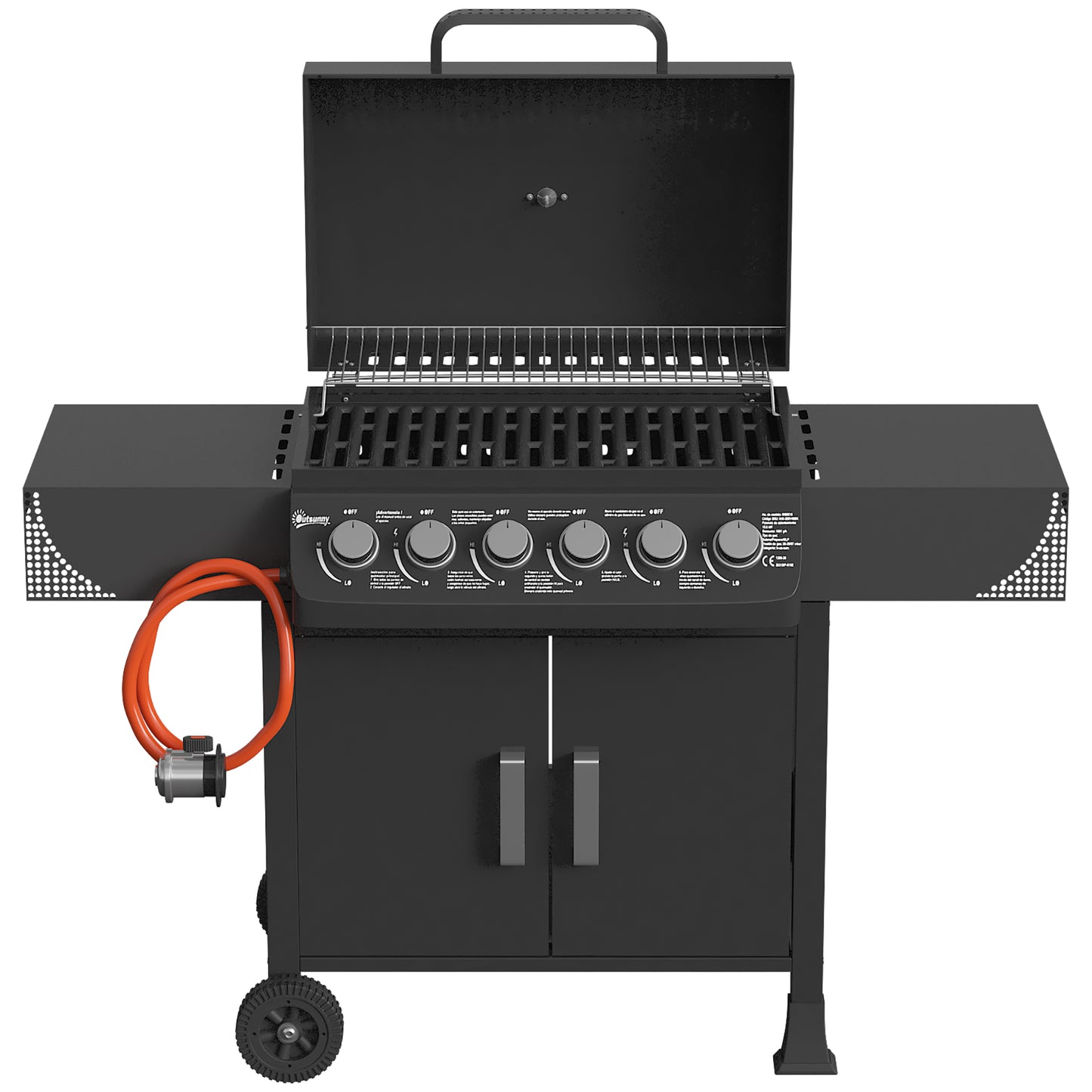 Outsunny Barbacoa De Gas Con 6 Quemadores 15 Kw Termómetro Y Mesas Laterales_4