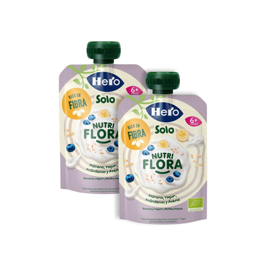 Pack promo 2xBolsita Nutri Flora sabor Plátano, Arándanos, Yogur y Avena 100 g Hero Solo