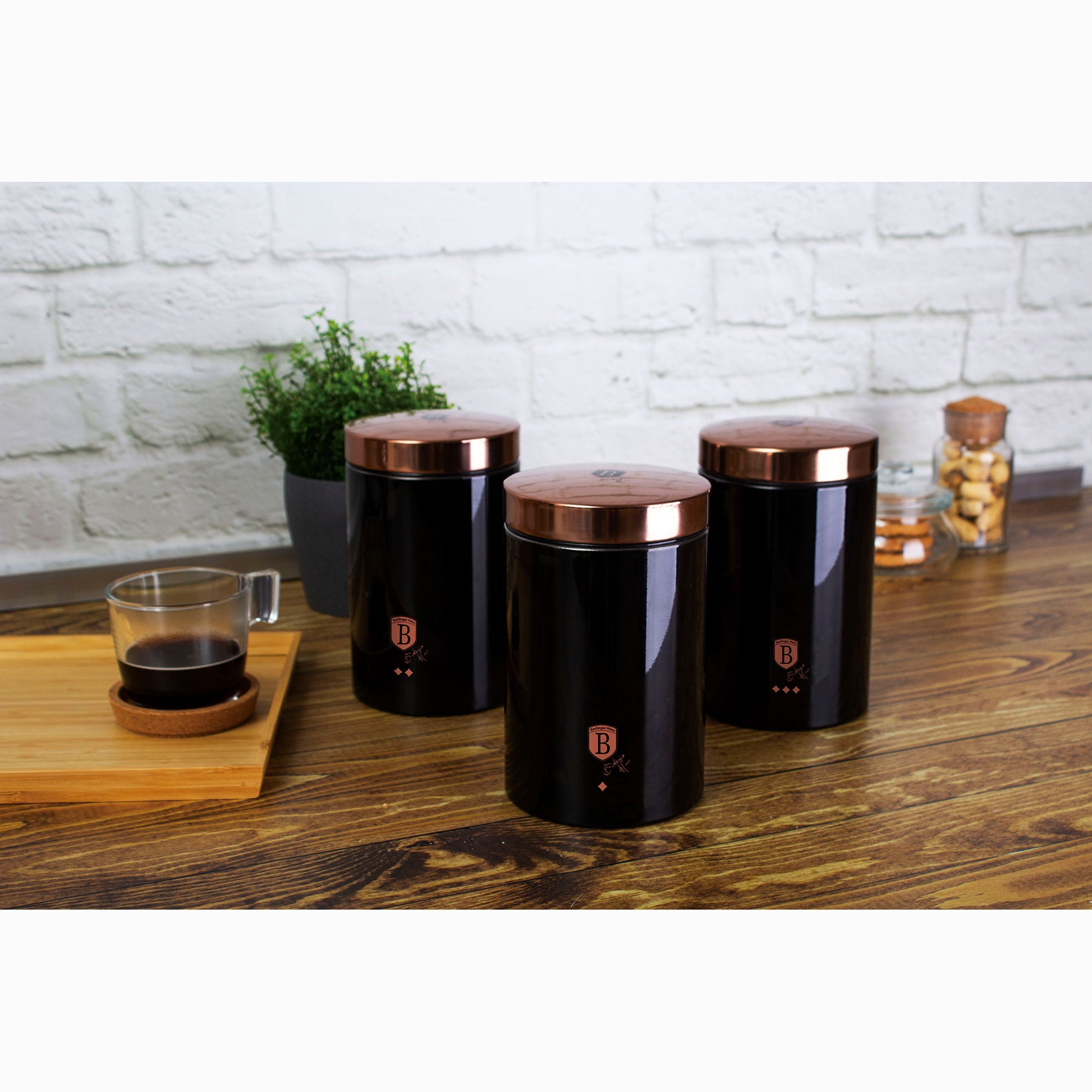Set 3 Botes Cocina Almacenaje Acero Inoxidable, Diseño Moderno, Ø11x17,8cm Especias, Té ,café Berlinger Haus Black Rose, Oro Rosado/negro_1