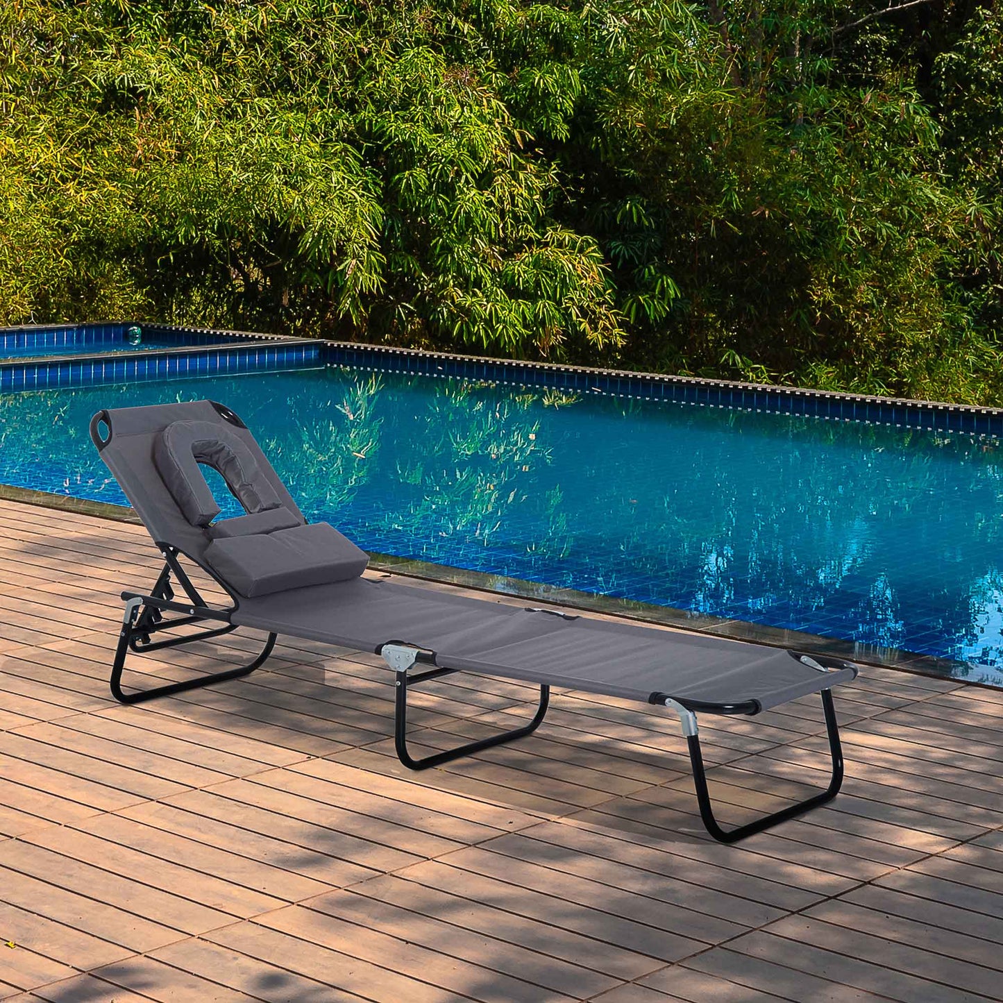 Outsunny Tumbona Plegable De Jardín Con Respaldo Ajustable Almohada Acero Gris_1