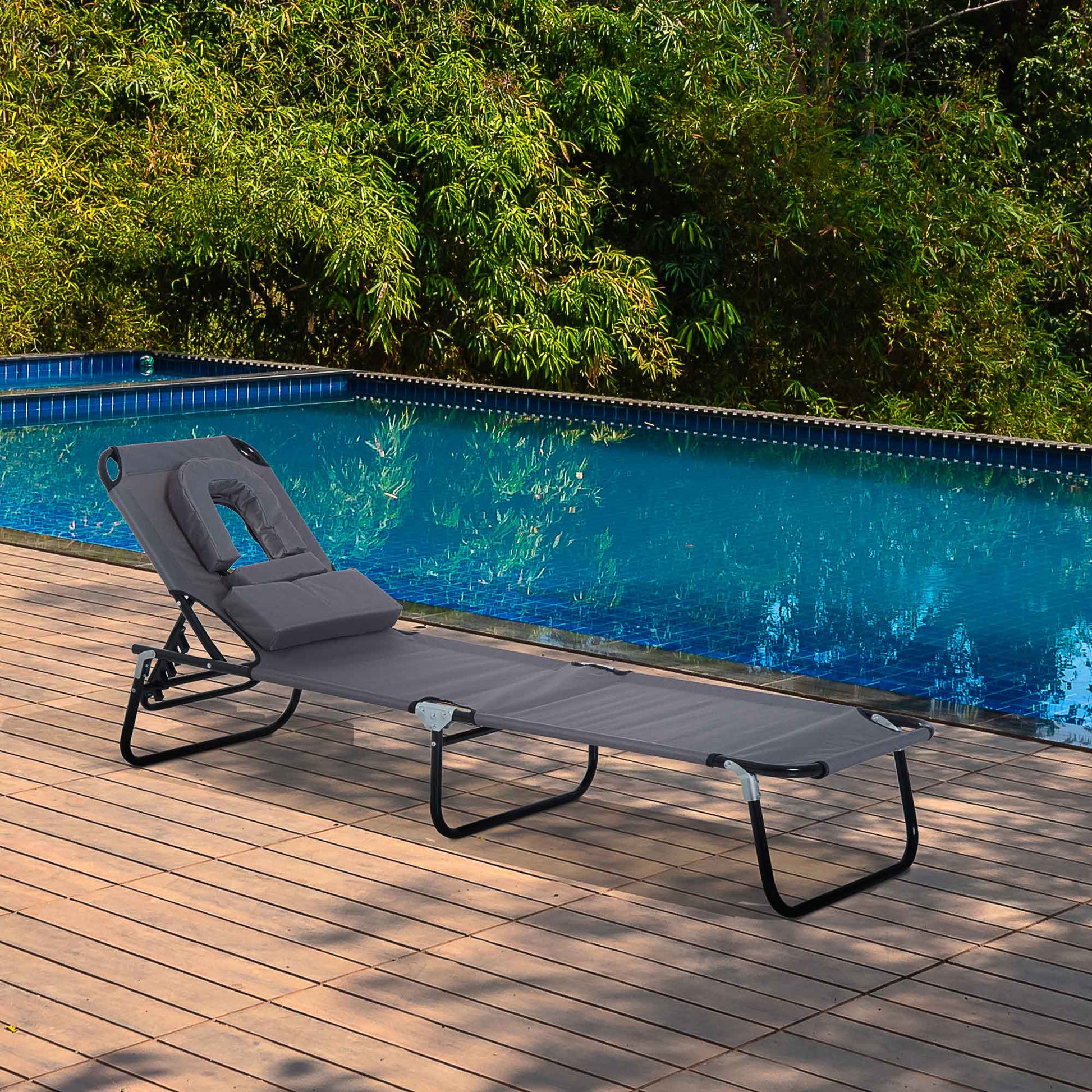 Outsunny Tumbona Plegable De Jardín Con Respaldo Ajustable Almohada Acero Gris_1