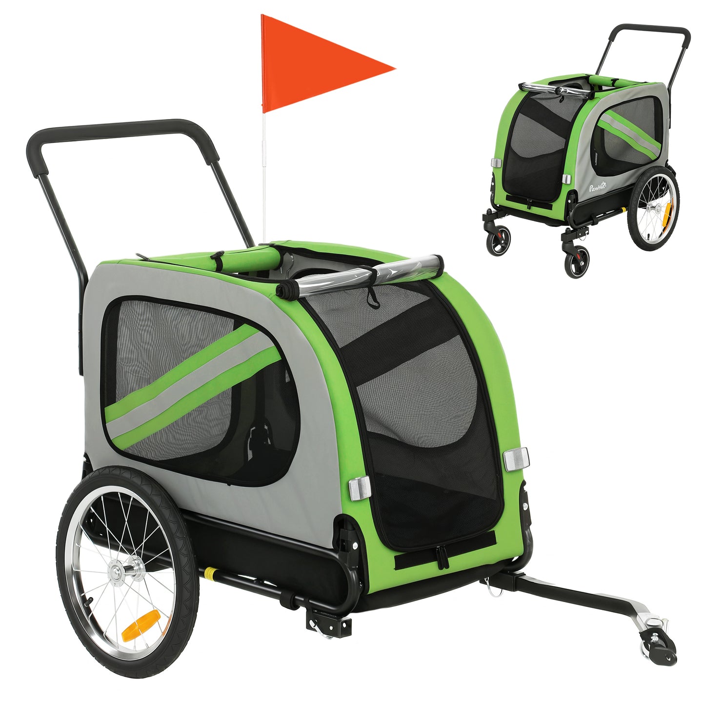 Pawhut Remolque De Bicicleta Para Perros 2 En 1 Con Arnés De Seguridad Verde_0