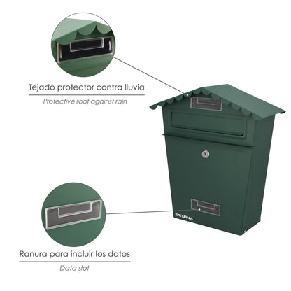 Buzon Exteriores House Verde 330 X 125 X 365 (alt.) Mm. Con Tejado, Acero Pintado. Buzon Pared, Buzon Cartas, Buzon Correos
