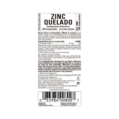 Zinc Quelado 100 comprimidos de 22mg Solgar