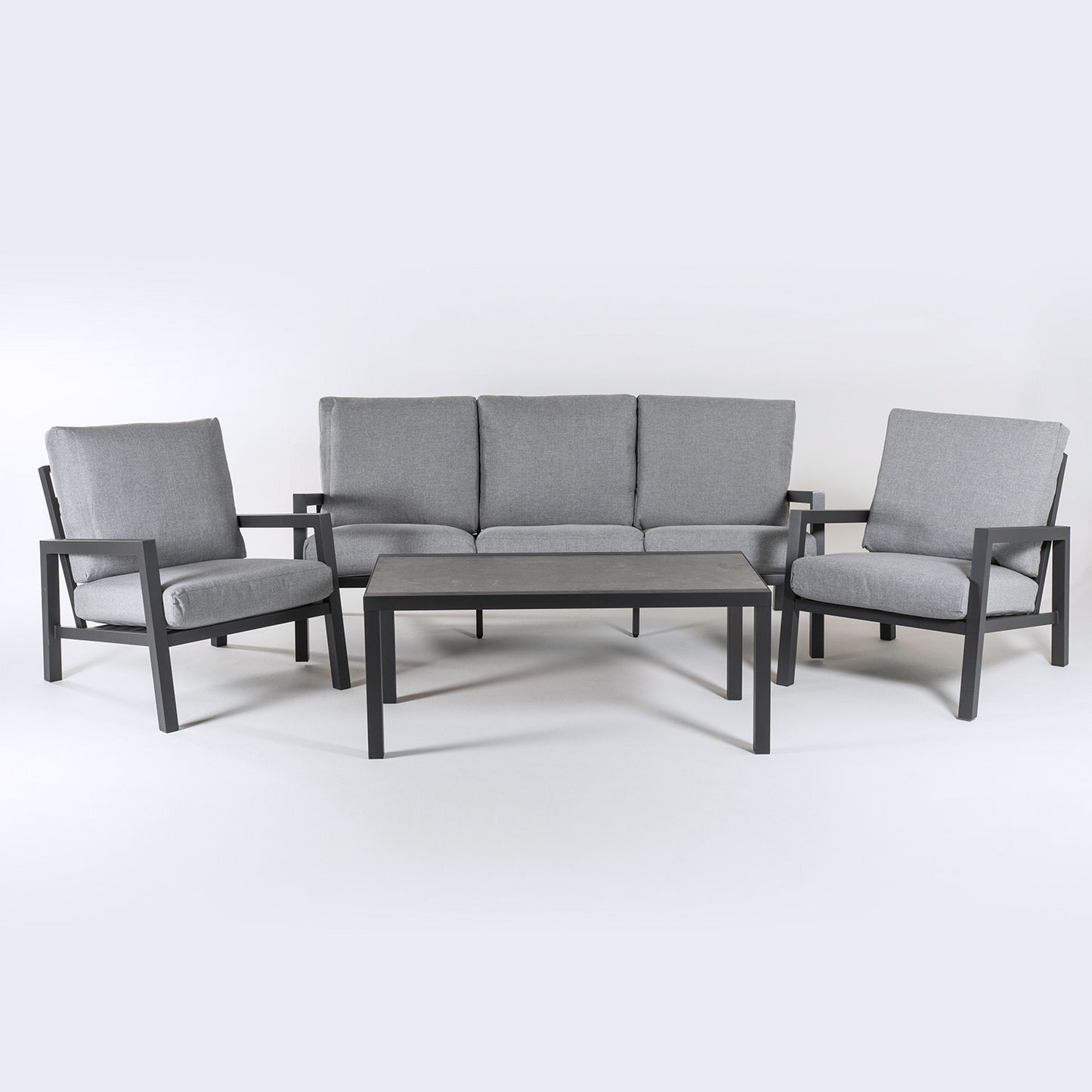 Conjunto Sofás Jardín, Aluminio Reforzado Color Antracita, Sofá 3 Plazas + 2 Sillones + Mesita Café, 5 Plazas, Cojines Color Gris_2