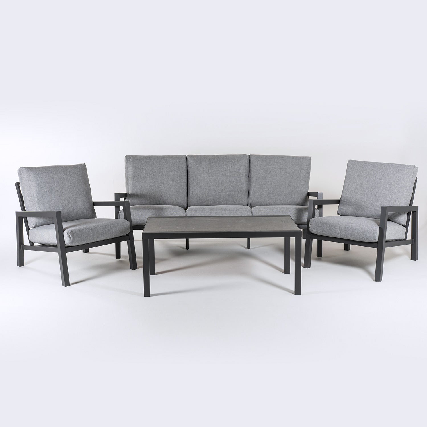 Conjunto Sofás Jardín, Aluminio Reforzado Color Antracita, Sofá 3 Plazas + 2 Sillones + Mesita Café, 5 Plazas, Cojines Color Gris_2