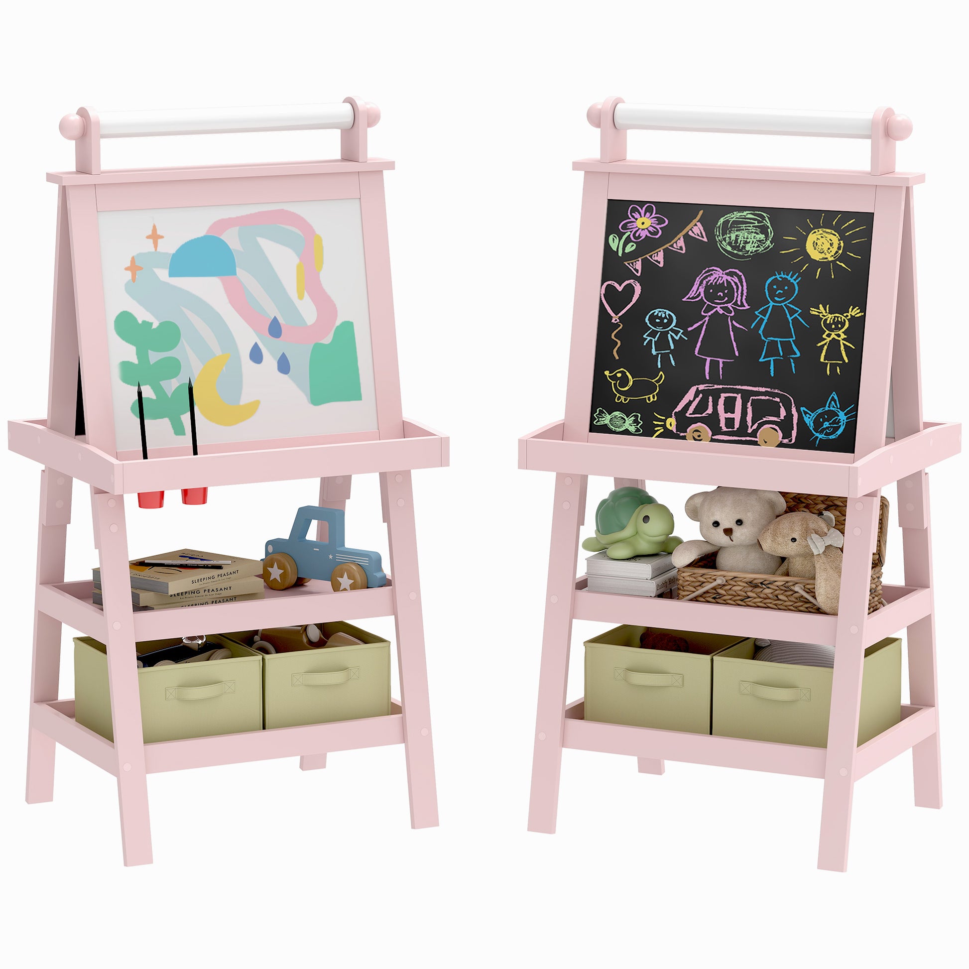 Aiyaplay Pizarra Infantil Caballete 3 En 1 Con Rollo De Papel Y Cestas Rosa_0