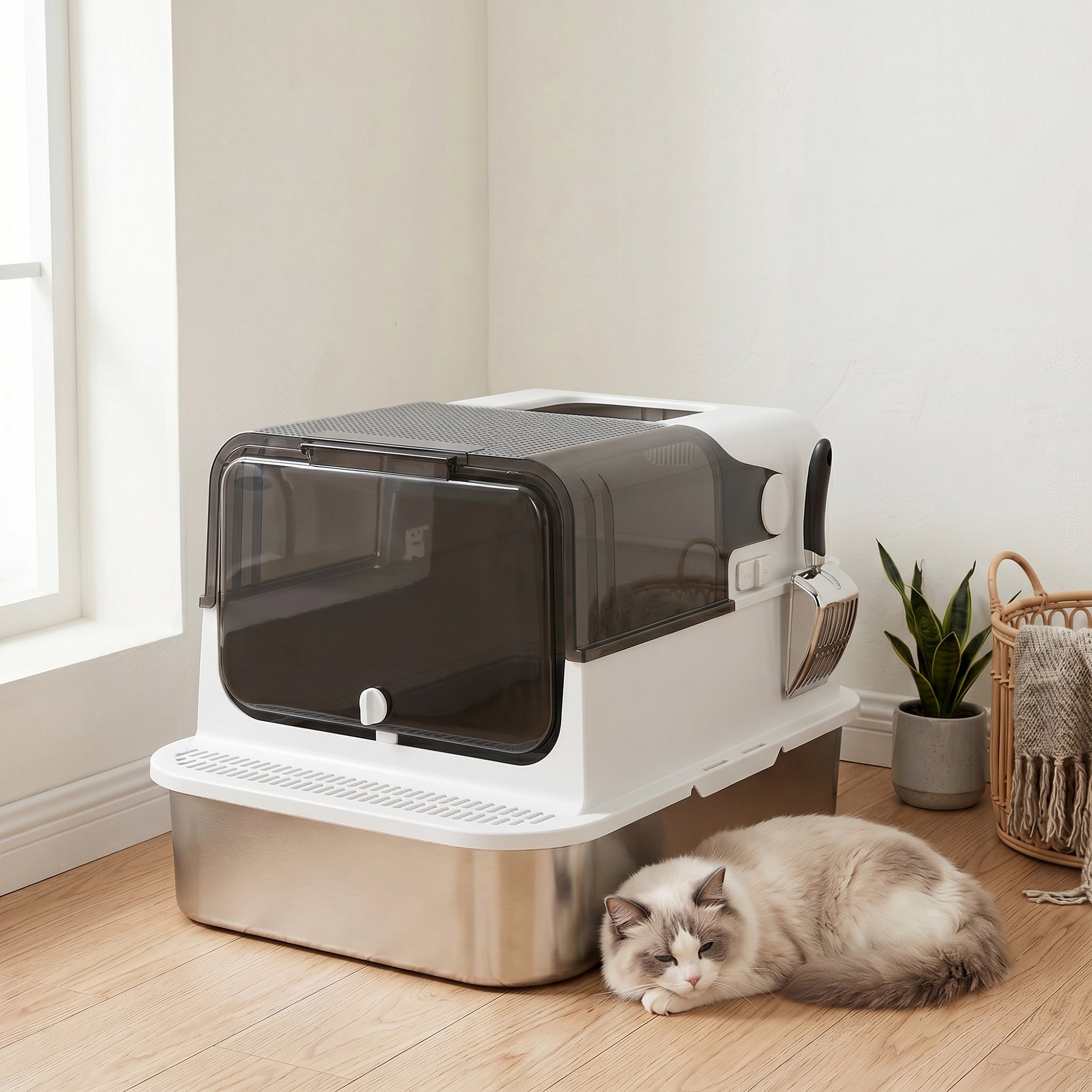 Pawhut Arenero Para Gatos De Acero Inoxidable Xxl Tapa Abatible Blanco_4
