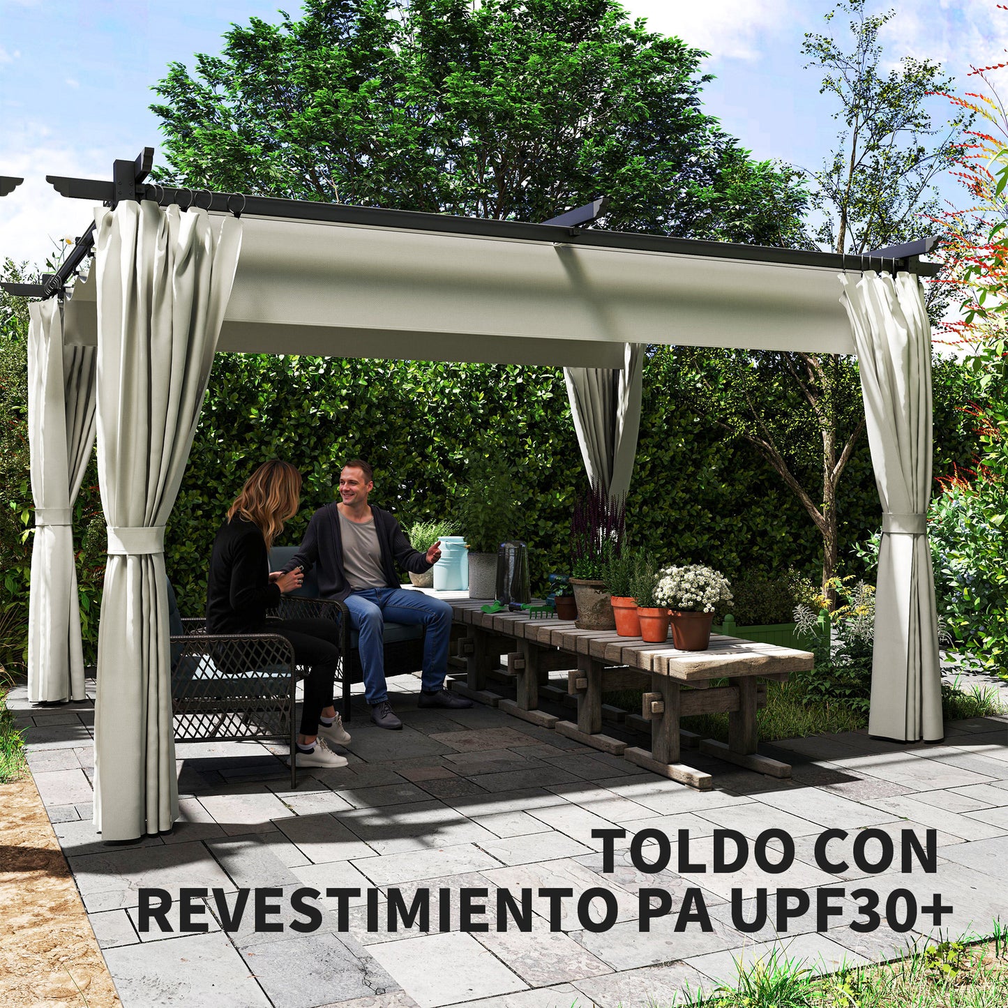 Outsunny Pérgola Con Techo Retráctil 4x3 M Paredes Laterales Anti-uv Crema_5