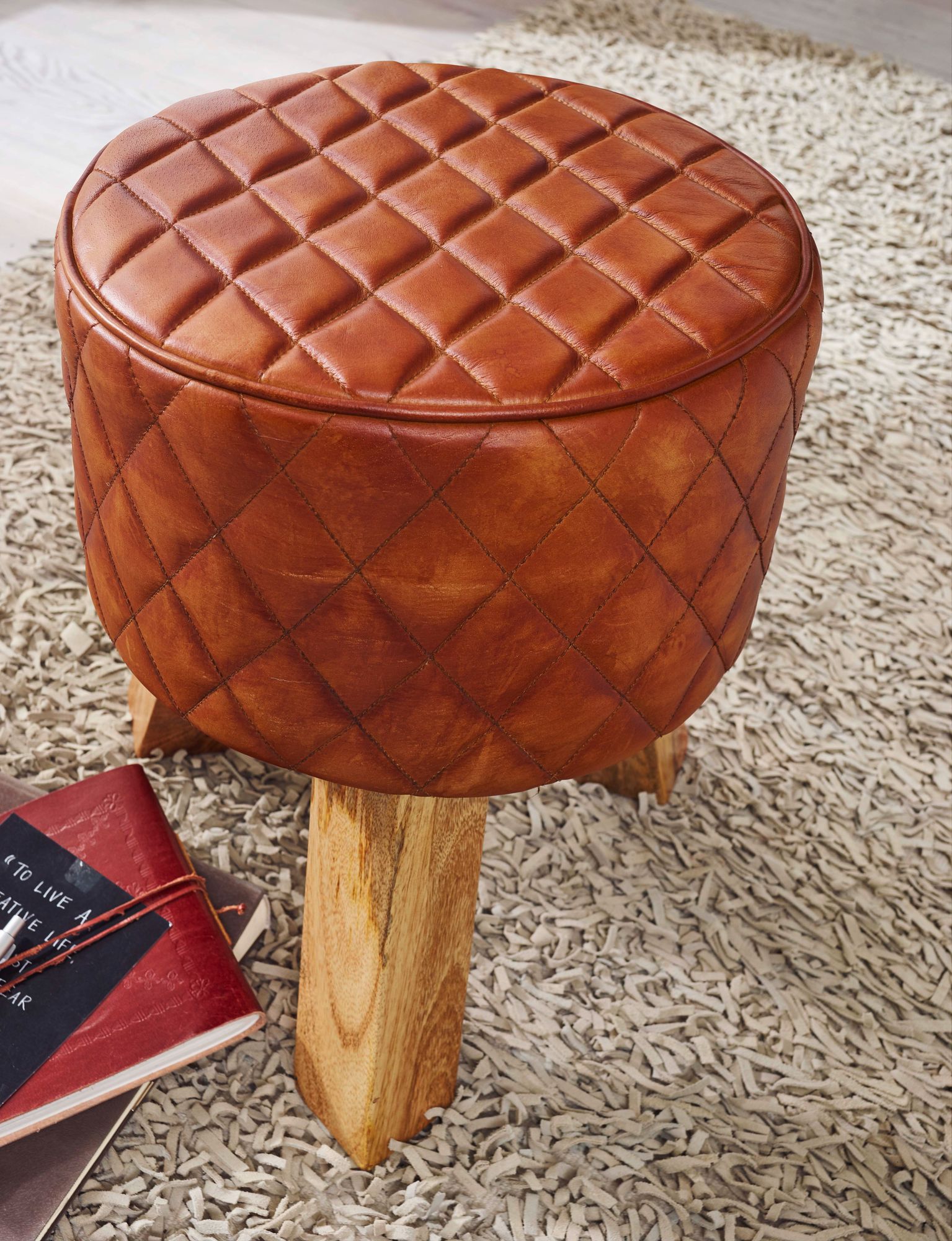 Taburete Cuero Y Madera Maciza 35x46x35 Cm_4