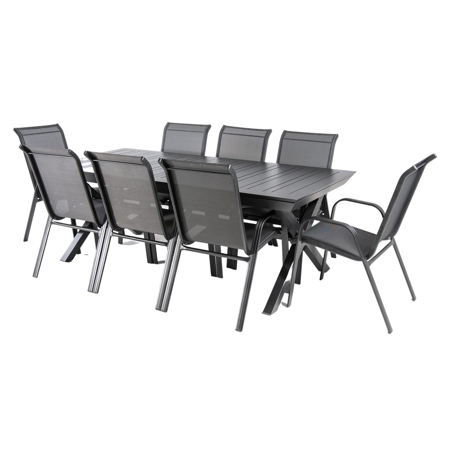 Conjunto De Exterior, Mesa Jardín Extensible 215/295 Cm Y 8 Sillones Apilables Con Respaldo De 98 Cm, Aluminio Color Antracita, 8 Plazas_0