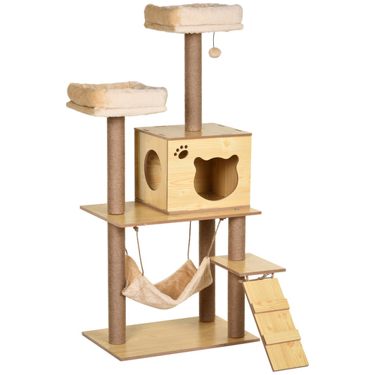 Pawhut Árbol Rascador Para Gatos Altura 130cm Con Postes De Yute Camas Amarillo_0