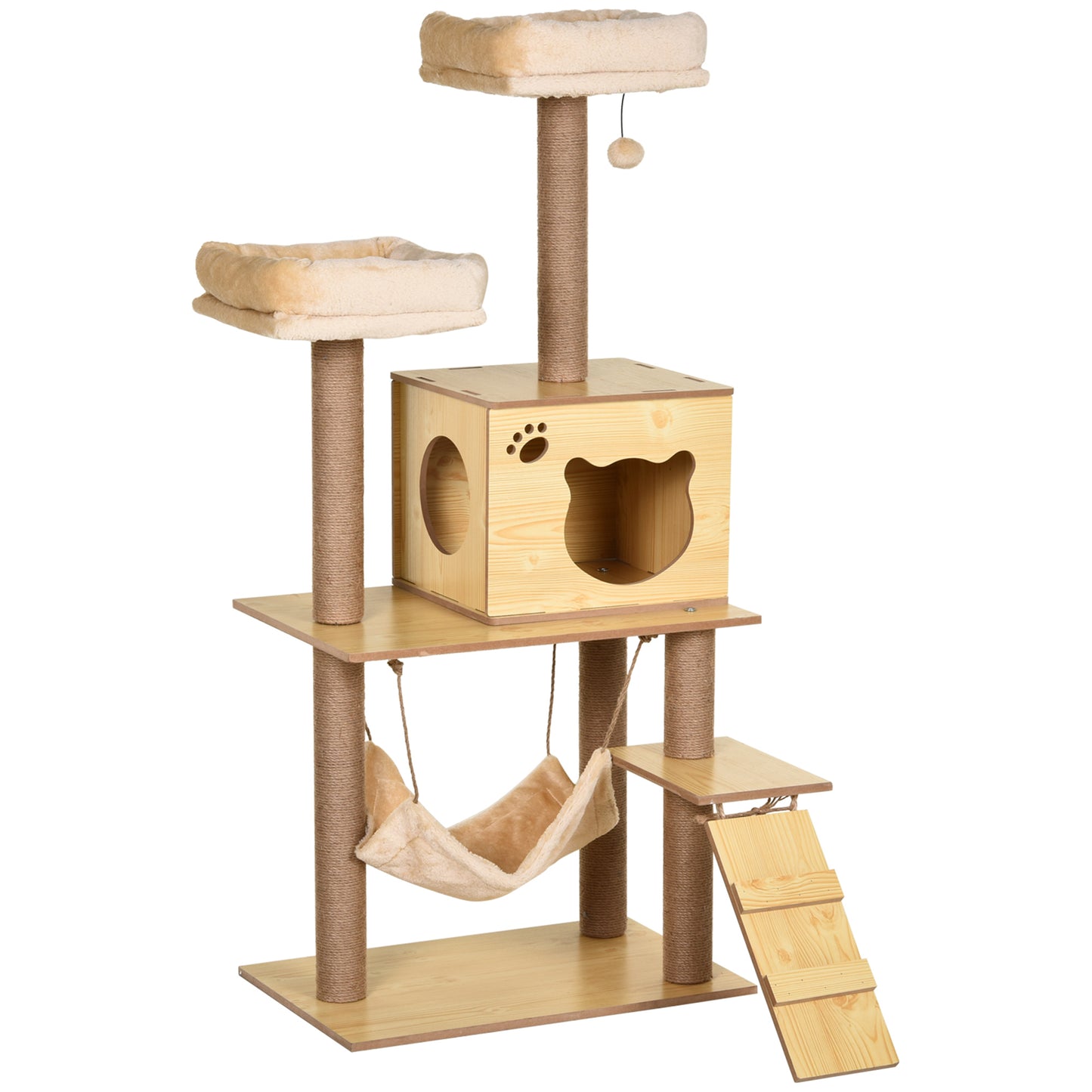 Pawhut Árbol Rascador Para Gatos Altura 130cm Con Postes De Yute 2 Camas Natural_0