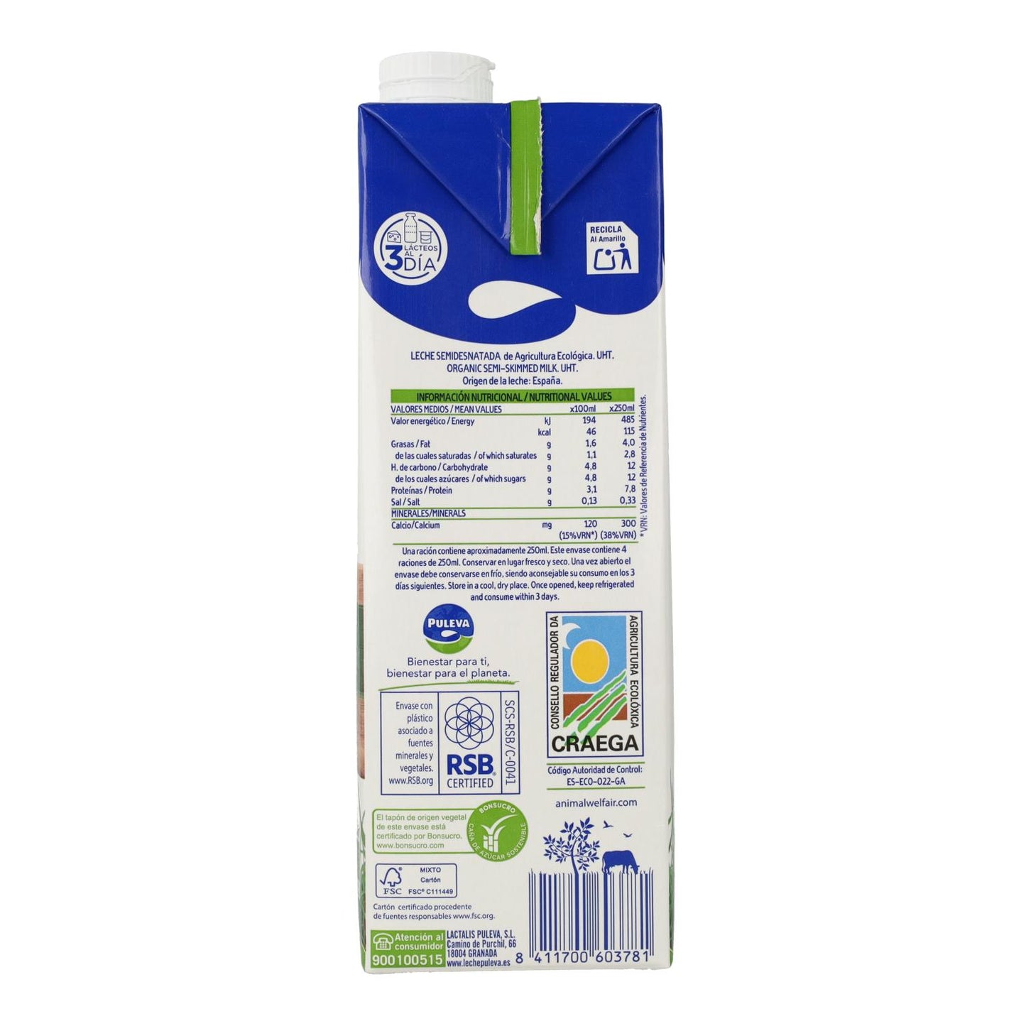 Leche Semidesnatada ecológica Puleva, 1 l