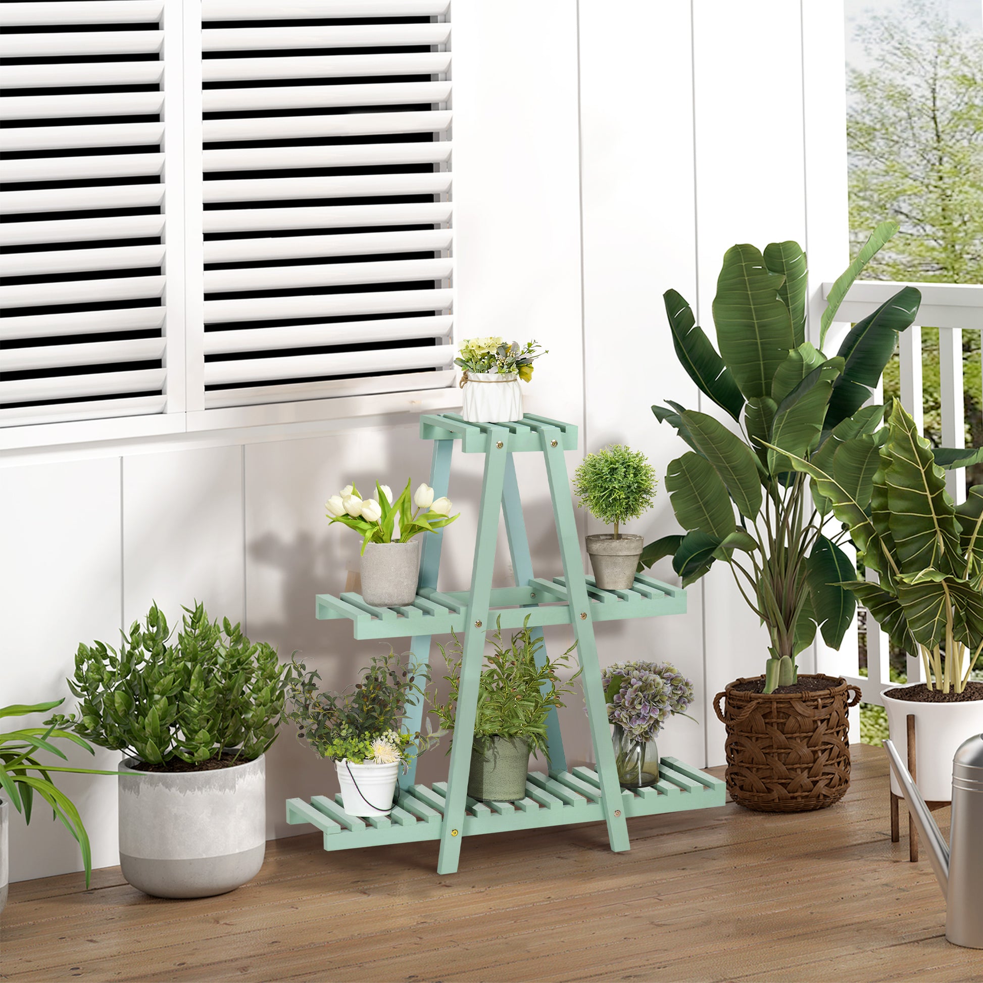 Outsunny Soporte De Madera Para Plantas 3 Niveles Interior Exterior 76x26x76 Cm_1