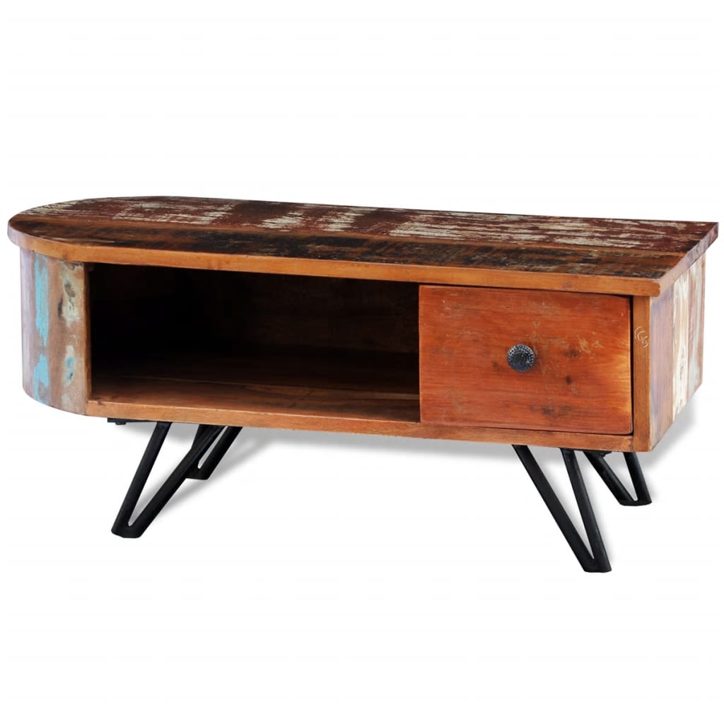 Mesa De Centro Con Patas De Hierro Madera Maciza Reciclada_0