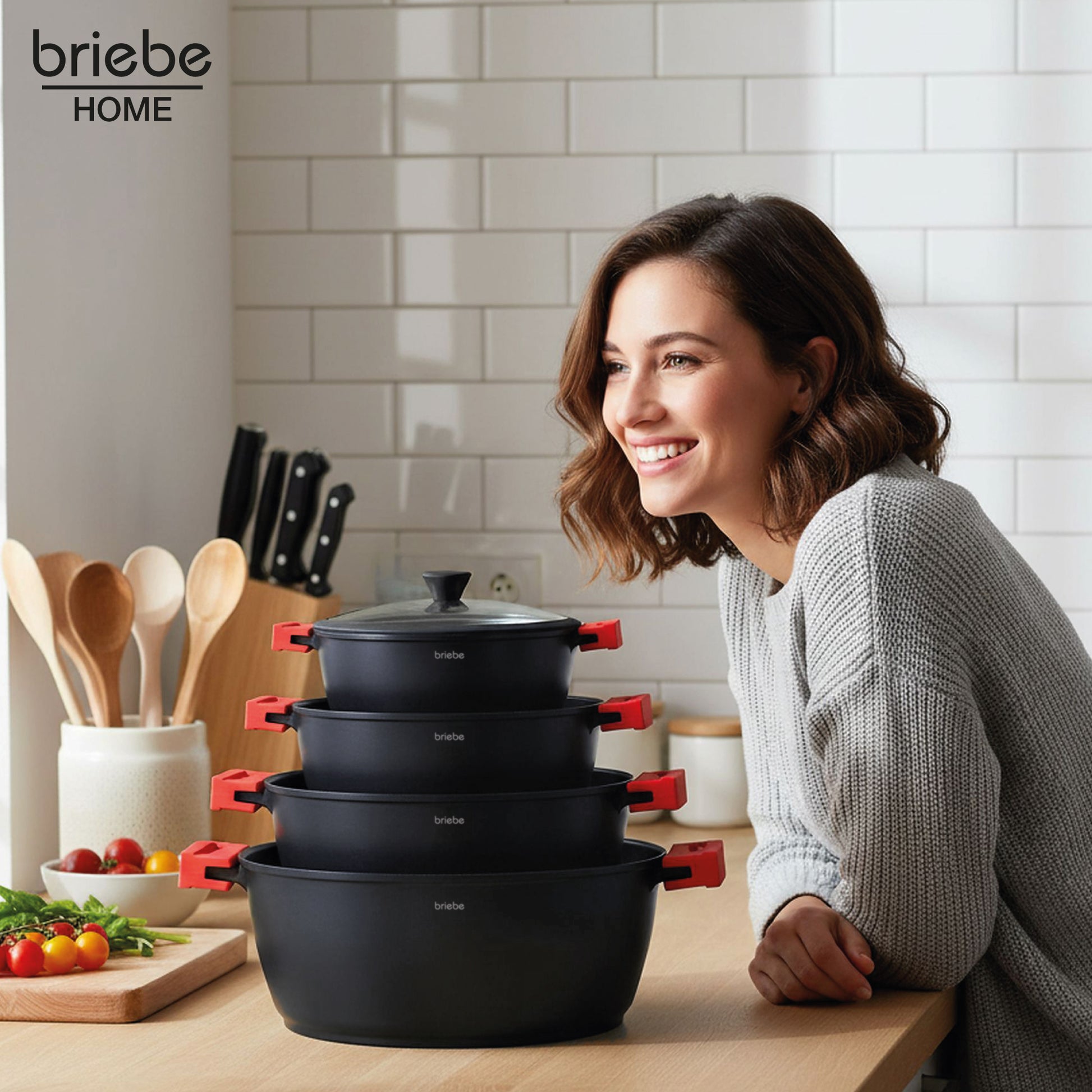 Briebe Batería Cocina Inducción Antiadherente Titanio, 8 Piezas Aluminio Fundido 4 Ollas Sin Pfoa Tapa, Blackt4, Negro_1