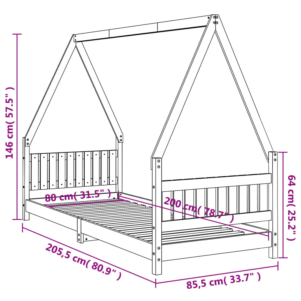 Estructura De Cama Para Niños Madera De Pino Negro 80x200 Cm / Vetonek_2