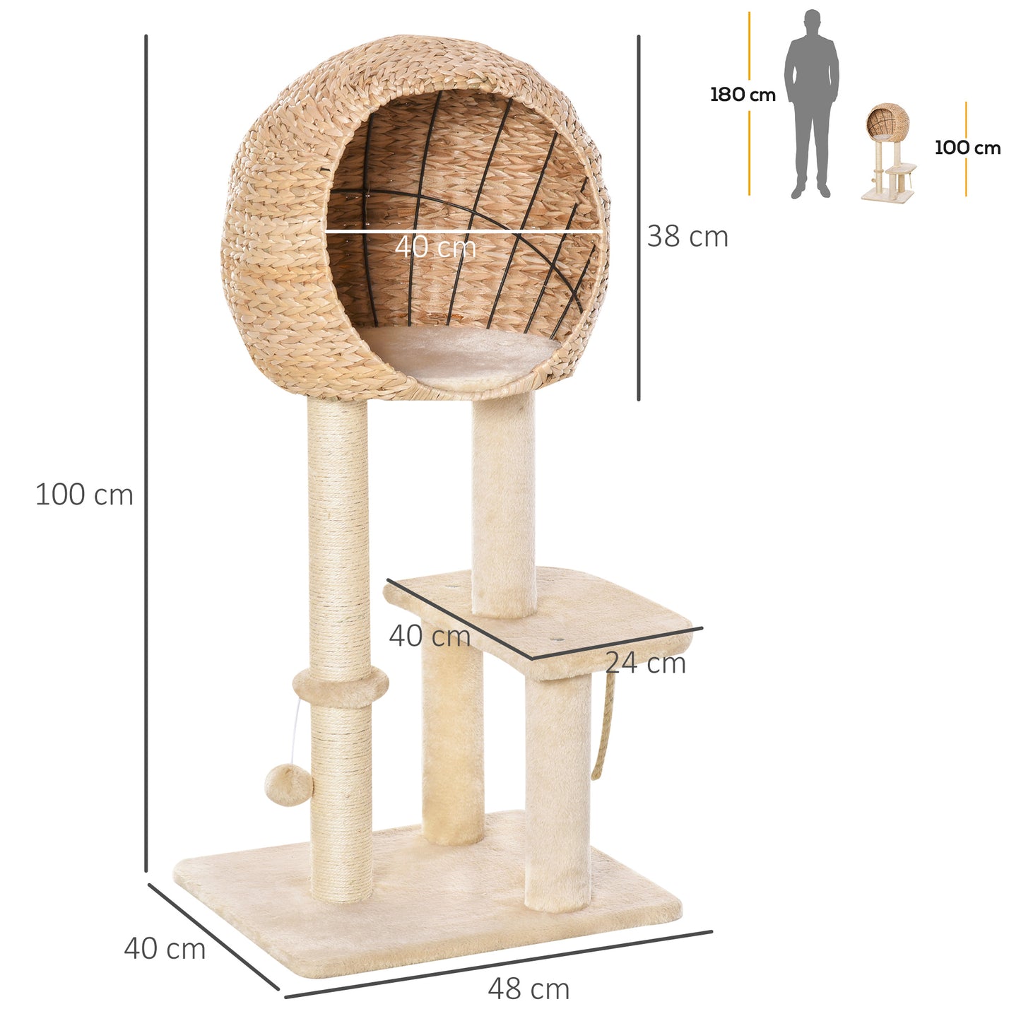 Pawhut Árbol Rascador De Gatos Caseta Bola Y Cuerda De Juego Poste De Sisal_2