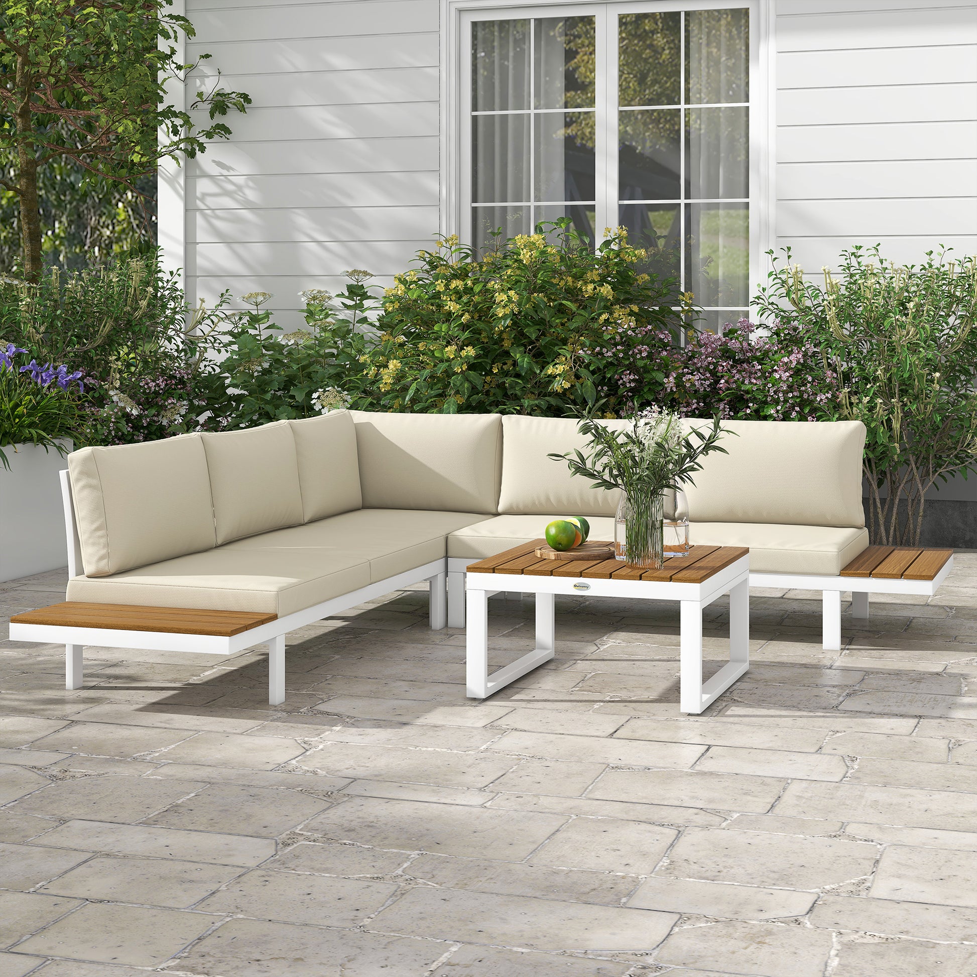 Outsunny Conjunto De Muebles De Jardín 4 Piezas Incluye 3 Sofás Crema_1
